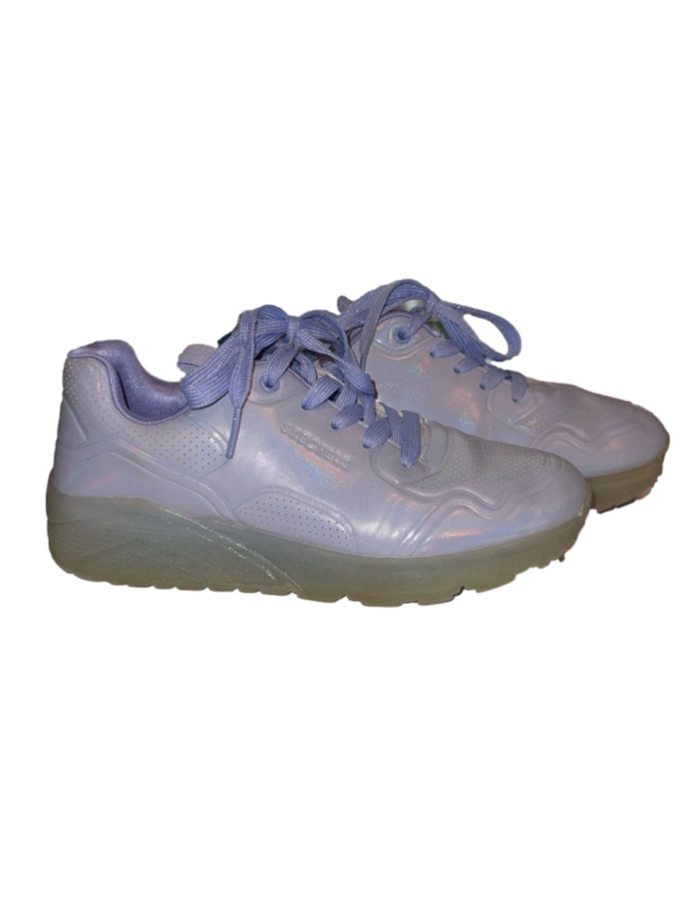 Skechers Kids' Uno Ice-Prism Luxe Sneakers in Holographic Lavender Gum Sole Sz 4